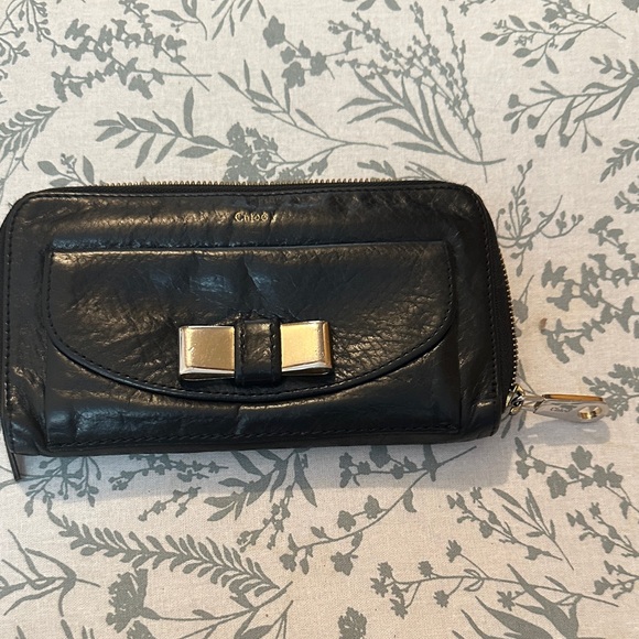 Chloe Black Leather Wallet with Gold Accents